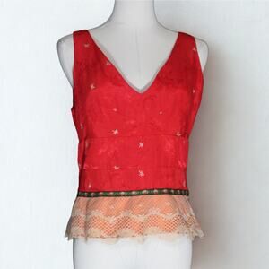 Vintage Sari Tank Top Red Gold Embroidered Indian Ethnic Blouse Size 8